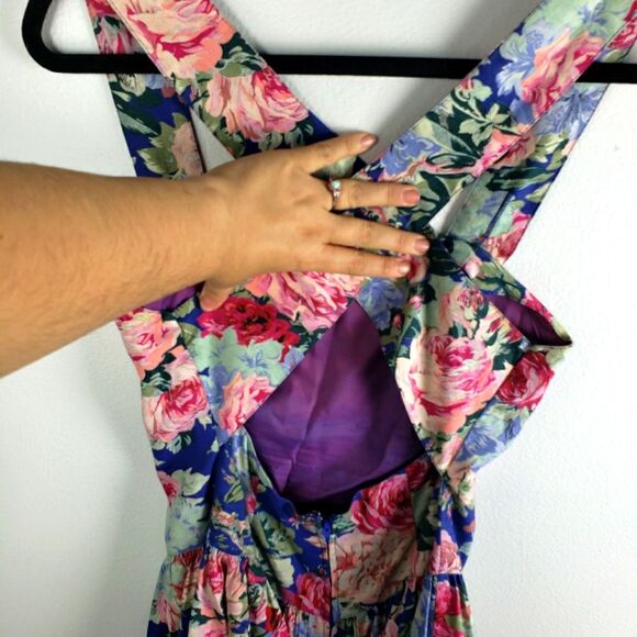 Vintage Women's Geary Roark Kamisato 80's Cottagecore Floral Cris Cross Dress 10 - Picture 7 of 14